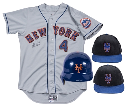 Lot of (4) Robin Ventura Game Used New York Mets Road Jersey (signed), Batting Helmet & 2 Caps (JT Sports)